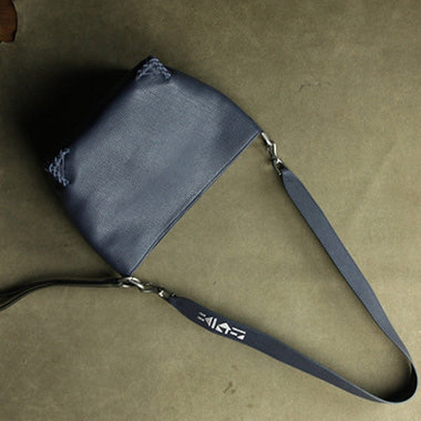 Dark Blue Womens Leather Bucket Shoulder Purse Womens Barrel Leather Handbag Shoulder Bag for Ladies
