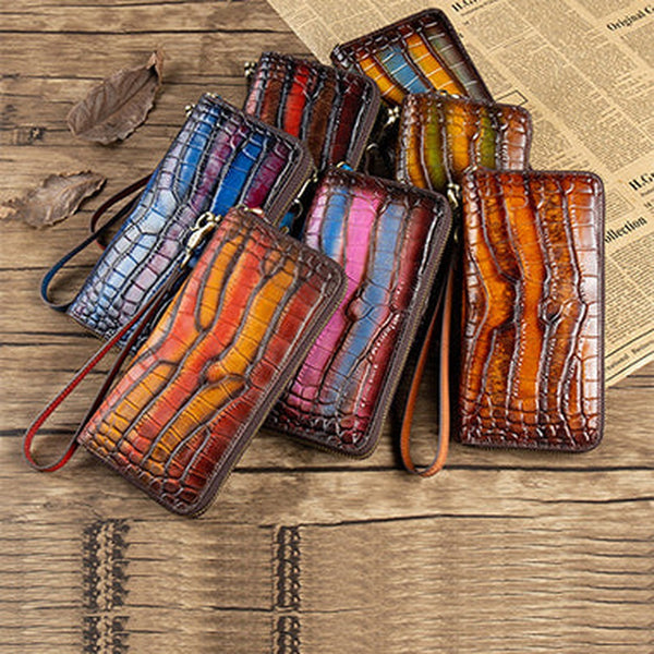 Crocodile Pattern Leather Wristlet Wallet Womens Zip Around Wallets CONTRAST COLOR Ladies Zipper Clutch Wallets for Women