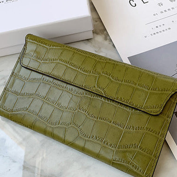 Cute Women Green Vegan Leather Long Wallet Crocodile Pattern Card Holder Clutch Wallet For Women