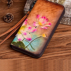 Womens Lotus Flowers Brown Leather Wristlet Wallets Zip Around Wallet Flowers Ladies Zipper Clutch Wallet for Women