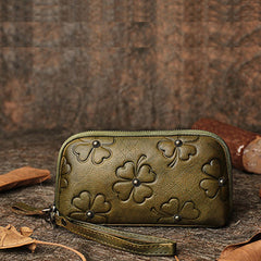 Handmade Dark Green Womens Clover Leather Long Wallet Zipper Clutch Wristlet Wallet for Women