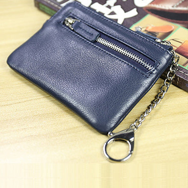 Cute Women Navy Leather Mini Zip Billfold Wallet with Keychain Navy Coin Wallet Small Zip Change Wallet For Women