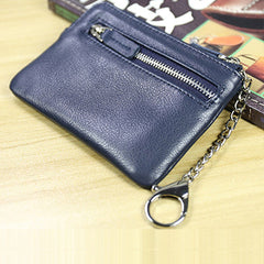 Cute Women Navy Leather Mini Zip Billfold Wallet with Keychain Navy Coin Wallet Small Zip Change Wallet For Women