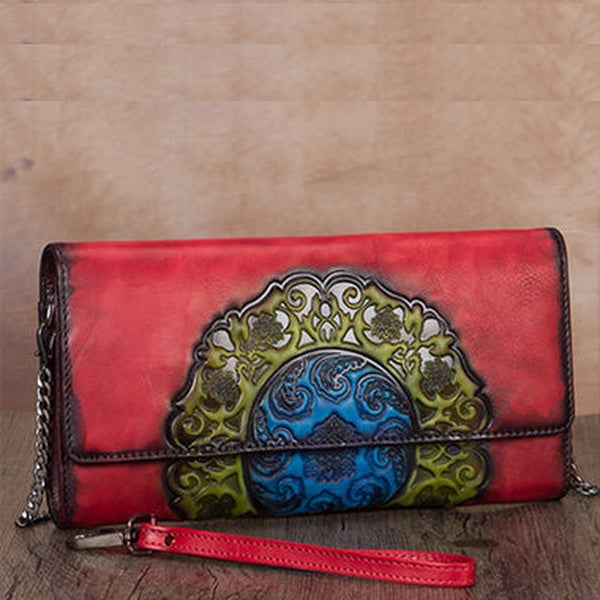 Vintage Floral Red Leather Wristlet Wallet Womens Floral Shoulder Wallet Purse Zip Purse Chain Shoulder Bag for Women
