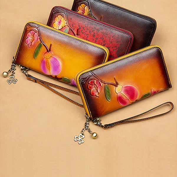 Plum Blossom Flower Leather Wristlet Wallet Womens Zip Around Wallets Flower Ladies Zipper Clutch Wallets for Women