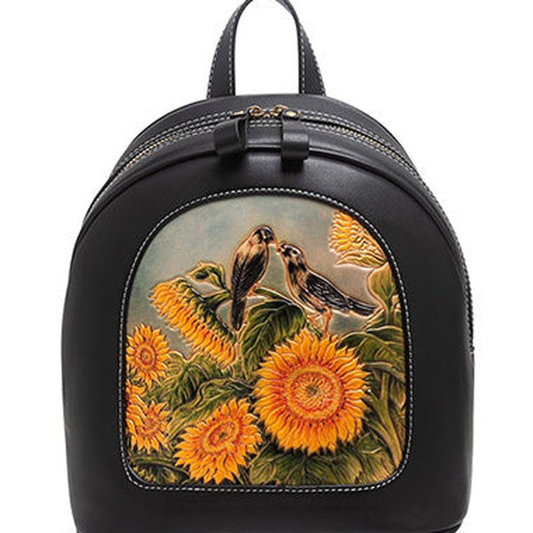 Handmade Ladies Black Leather Small Backpack Sunflower Tooled Womens Leather Rucksack