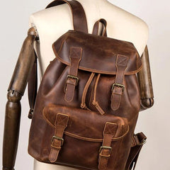 Casual Brown Leather Mens 15 inches Laptop Backpack Travel Backpack Brown School Backpack for Men
