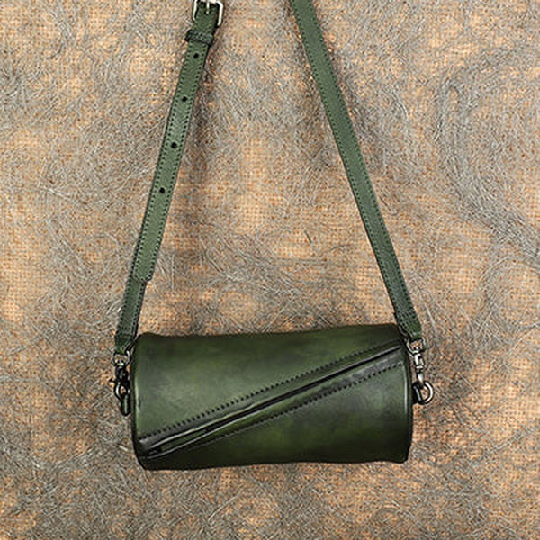 Vintage Green Leather Womens Barrel Shoulder Bag Bucket Crossbody Purse for Women