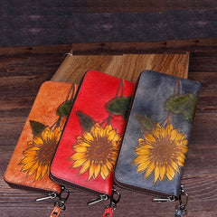 Handmade Sunflower Leather Wristlet Wallet Womens Zip Around Wallets Sunflower Ladies Zipper Clutch Wallet for Women