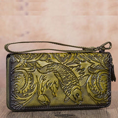 Floral Carp Green Leather Wristlet Wallets Womens Zip Around Wallet Floral Ladies Zipper Clutch Wallets for Women