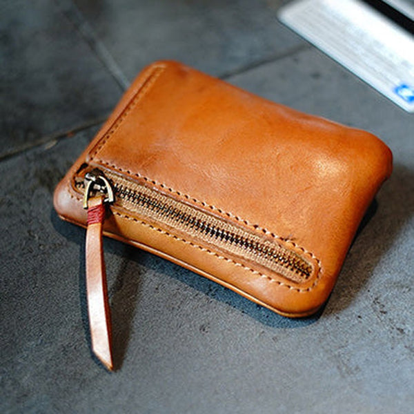 Vintage Women Small Brown Leather Zip Coin Pouch Mini Coin Wallet Change Wallet For Women