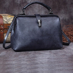 Handmade Gray Leather Handbag Vintage Doctor Bag Shoulder Bag Purse For Women