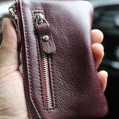 Slim Womens Wine Leather Zip Wallet With Keychain Card Wallet Zip Coin Wallet for Ladies