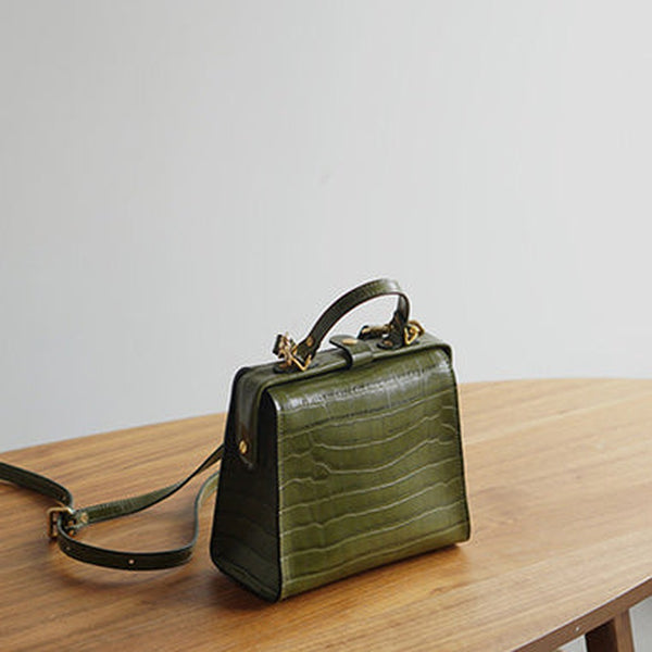 Handmade Womens Stylish Square Light Green Leather Doctor Handbag Side Purse Doctor Purse for Women
