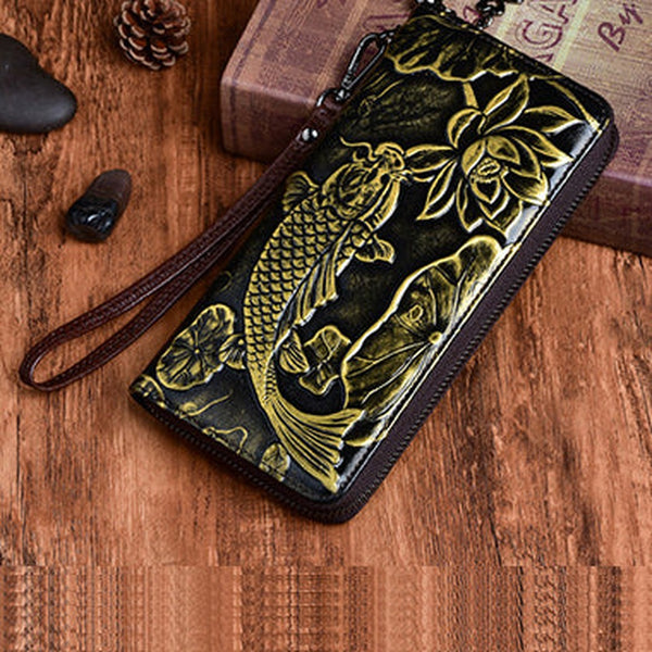 Womens Carp&Lotus Flower Black Leather Zip Around Wallet Wristlet Wallet Floral Ladies Zipper Clutch Wallet for Women