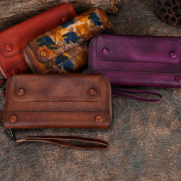 Vintage Leather Wristlet Wallets Womens Zip Around Wallet Ladies Bifold Clutch Wallet for Women