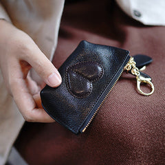 Cute Women Black Leather Zip Coin Wallet with Keychains Heart Keys Wallet Small Zip Change Wallet For Women