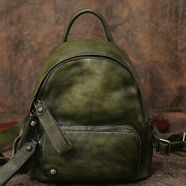 Classic Green Leather Rucksack Womens Compact Leather Backpack Ladies Backpack Purses