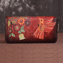 Womens Hummingbird Red Leather Zipper Clutch Wallet Wristlet Wallet Floral Ladies Zip Around Wallet for Women