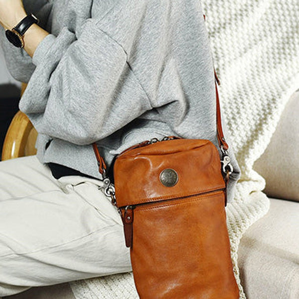 Womens Brown Leather Bucket Crossbody Bag Purse Vintage Handmade Round Barrel Shoulder Bag for Women