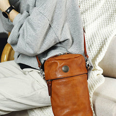 Womens Brown Leather Bucket Crossbody Bag Purse Vintage Handmade Round Barrel Shoulder Bag for Women