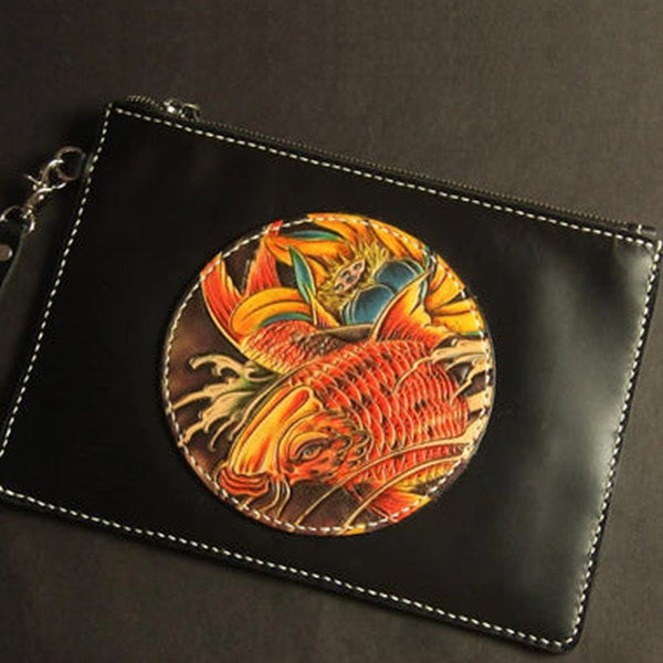 Cool Handmade Tooled Leather Floral Skull Clutch Wallet Wristlet Bag Clutch Purse For Men