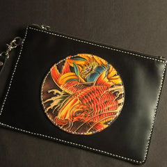 Cool Handmade Tooled Leather Floral Skull Clutch Wallet Wristlet Bag Clutch Purse For Men