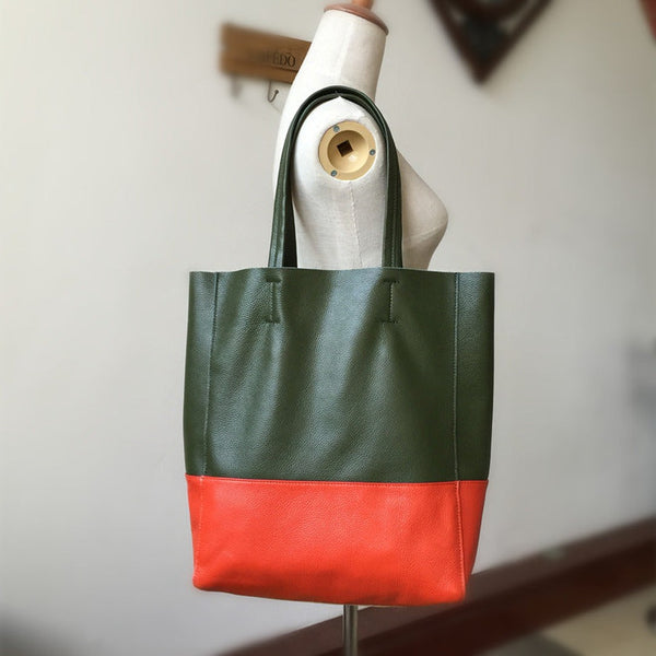 Dark Brown&Orange Leather Tote Bag Two Tone Tote Bag Womens Two Tone Purse Leather Work Tote Bag