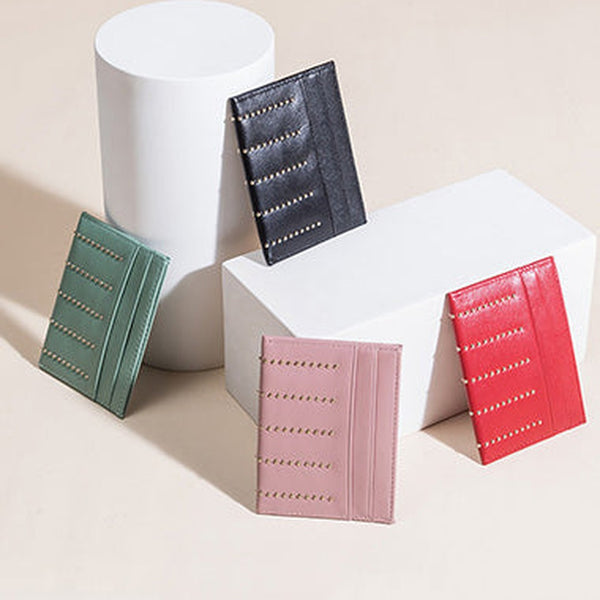 Cute Women Sheepskin Card Holder Slim Card Wallet Card Holder with Rivets Credit Card Holder For Women