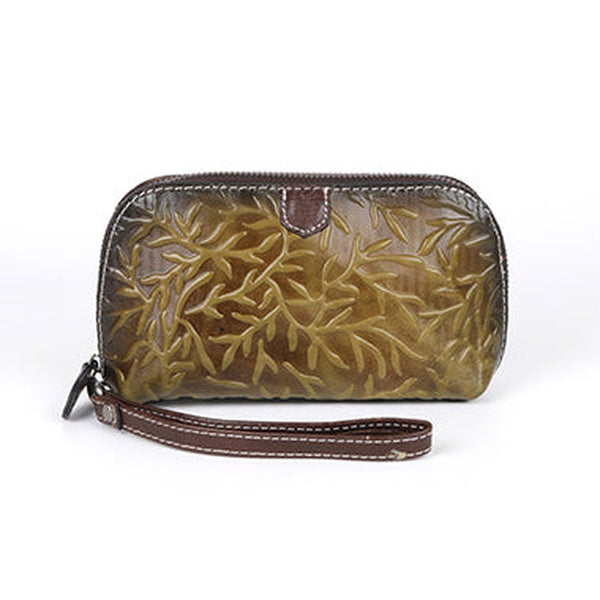 Womens Floral Green Leather Zip Around Wallets Wristlet Wallet Floral Ladies Zipper Clutch Wallet for Women