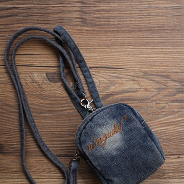 Vintage Mens Denim Mini Pouch Denim Small Card Coin Purse with Lanyard for Women