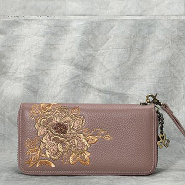 Peony Embroidery Pink Leather Peony Wristlet Wallet Womens Zip Around Wallets Flowers Peony Ladies Zipper Clutch Wallet for Women