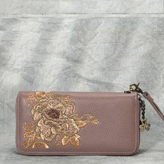 Peony Embroidery Pink Leather Peony Wristlet Wallet Womens Zip Around Wallets Flowers Peony Ladies Zipper Clutch Wallet for Women