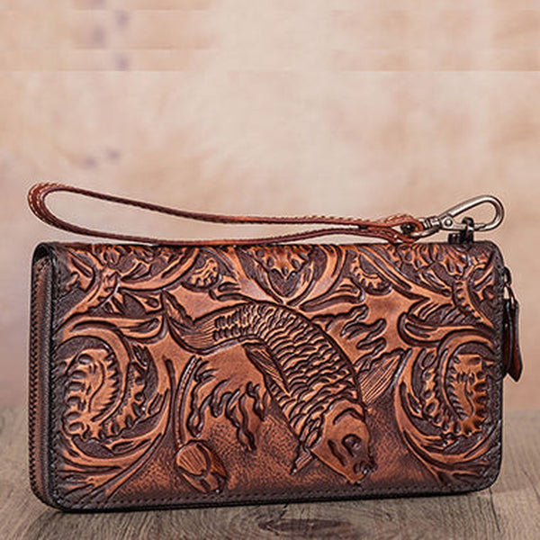 Floral Carp Brown Leather Wristlet Wallets Womens Zip Around Wallet Floral Ladies Zipper Clutch Wallets for Women