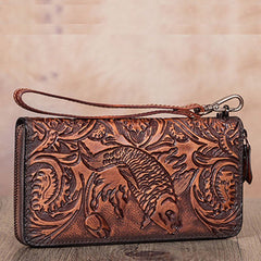 Floral Carp Brown Leather Wristlet Wallets Womens Zip Around Wallet Floral Ladies Zipper Clutch Wallets for Women