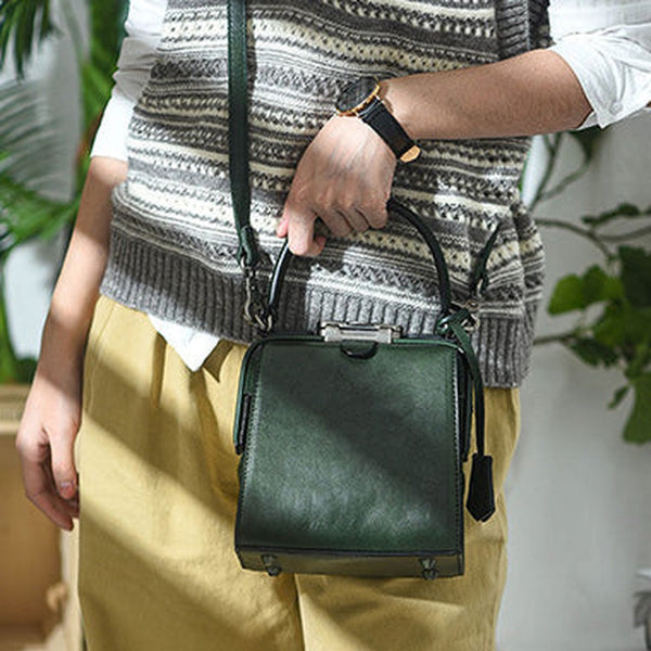 Womens Green Leather Doctor Handbag Purses Square Doctor Crossbody Purse for Women