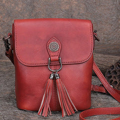 Vintage Small Red Leather Womens Vertical Shoulder Bag With Tassels Handmade Crossbody Purse for Ladies