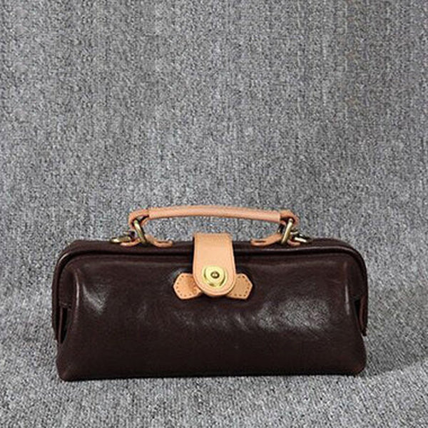 Womens Coffee Leather Mini Doctor Handbag Purses Classic Coffee Doctor Crossbody Purses for Women