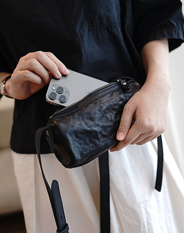Black Leather Small Phone Shoulder Bags Vintage Women Black Slim Crossbody Purse for Women