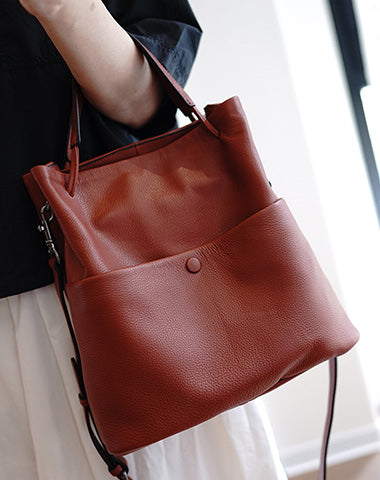 Cute Brown Leather Bucket Tote Shoulder Bag Women Barrel Tote Handbag for Women