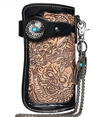 Cool Black Leather Tooled Dragon&Skull Biker Wallet Handmade Biker Chain Wallet for Men