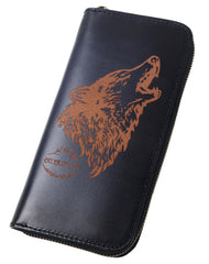 Around Zip Black Leather Long Wallet Mens Wolf Zipper Clutch Wallet for Men