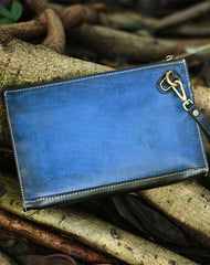 Handmade Blue Leather Clutch Wristlet Bag Wallet Zipper Large Clutch Wristlet Wallet for Men