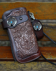 Cool Brown Leather Tooled Biker Wallet Handmade Dragon&Skull Biker Chain Wallet for Men