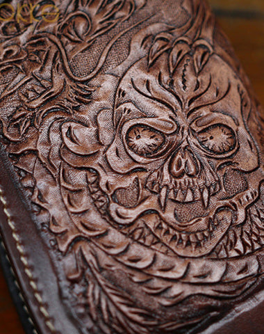 Cool Leather Tooled Biker Wallets Handmade Dragon&Skull Biker Chain Wallet for Men