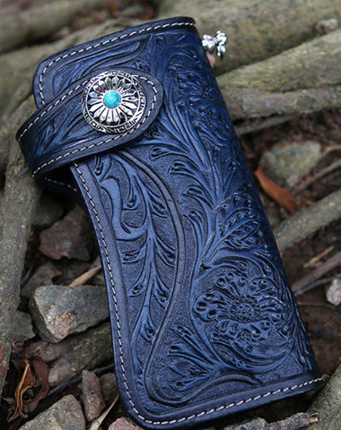 Handmade Tooled Blue Leather Floral Biker Chain Wallet Mens Long Wallet with Chain for Men