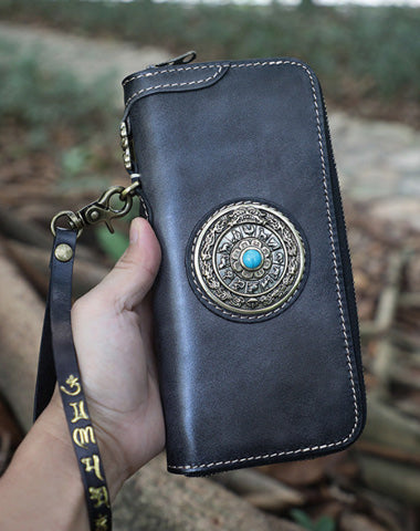 Handmade Black Leather Tibetan Totem Long Wallet Cool Zipper Clutch Wristlet Wallet for Men