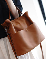 Cute Tan Leather Bucket Tote Shoulder Bag Women Barrel Tote Handbag for Women