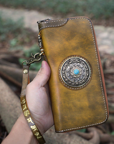 Handmade Tan Leather Tibetan Totem Long Wallet Cool Zipper Clutch Wristlet Wallet for Men