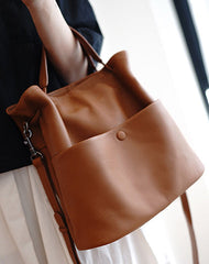 Cute Brown Leather Bucket Tote Shoulder Bag Women Barrel Tote Handbag for Women